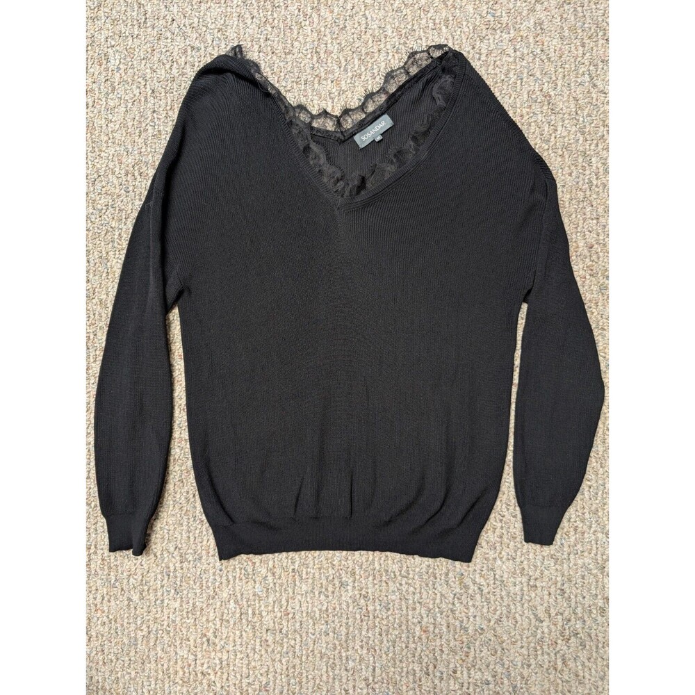Sosandar Women's Sweater Black Long Sleeve Size M Knit Oversized Lace Collar